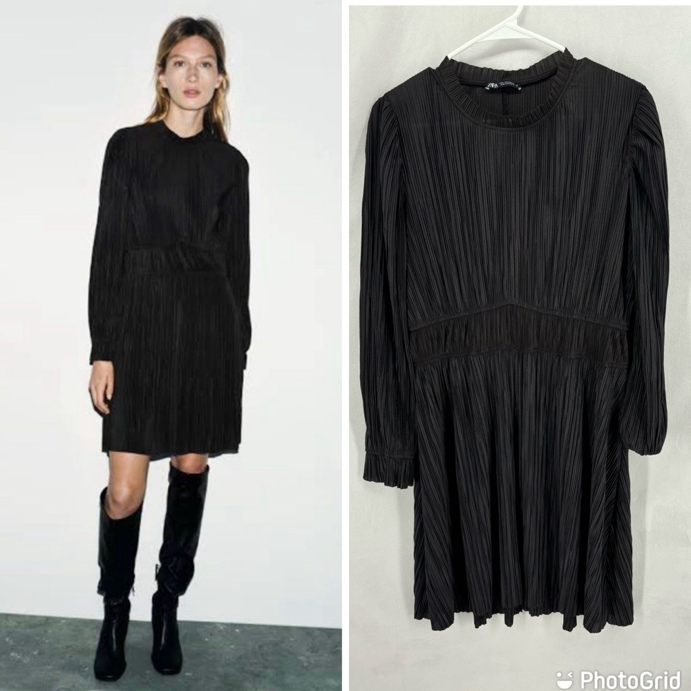 Zara Black Pleated Long-Sleeve Mini Dress L